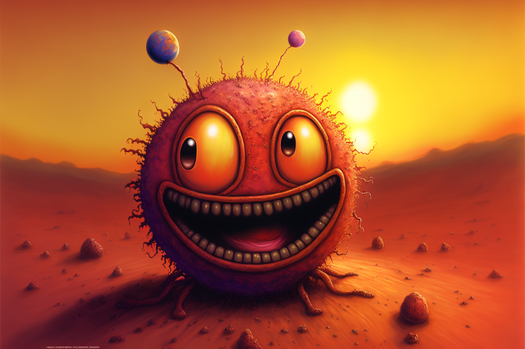 A large spherical creature which is all head and face looks to our left, eyes wide and with a big comical grin.