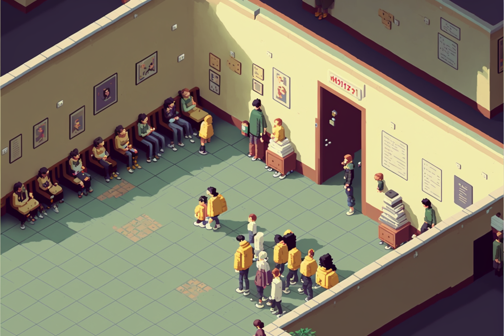 A cute isomorphic pixel-art image of a bunch of people waiting around in a large room. Note this does not accurately reflect the County Courthouse except in spirit. Image by me using Midjourney OF COURSE.