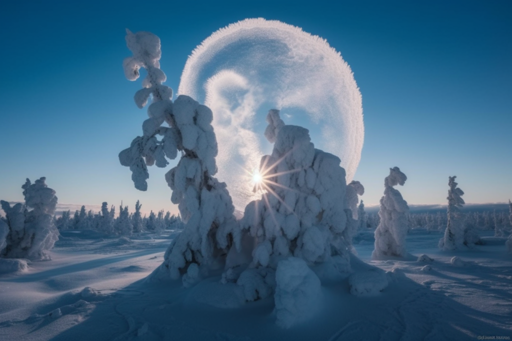 A photo of trees standing apart from each other, all thickly covered with snow, in a snowy landscape. A sunburst shines at the center of the image, and above and around it is a plume of bright cloud or ice.