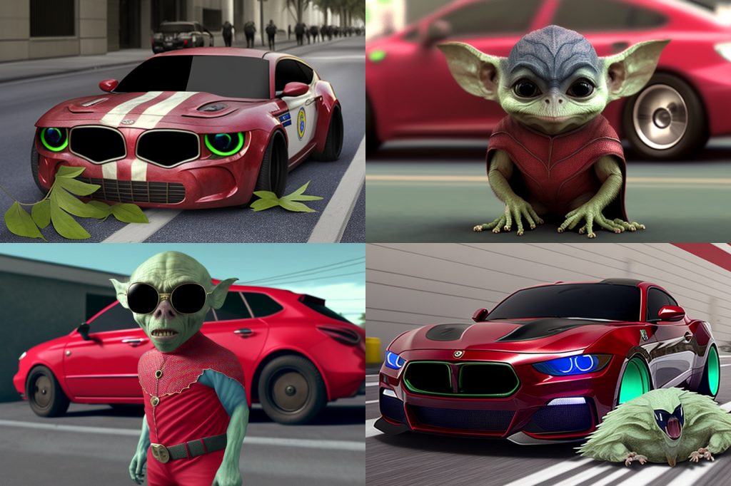 A two-by-two grid of photographs of strange people or creatures. All four also contain a red sportscar. The creatures are, clockwise from upper left, not actually a creature but some juicy looking green leaves (the car in this one also has green headlights like eyes), a squat alien thing with big wide ears and many fingers, a green humanoid with pointy ears and sunglasses and a bright red shirt and belt, and a sort of leafy creature with a big open mouth, claws, and no visible eyes.