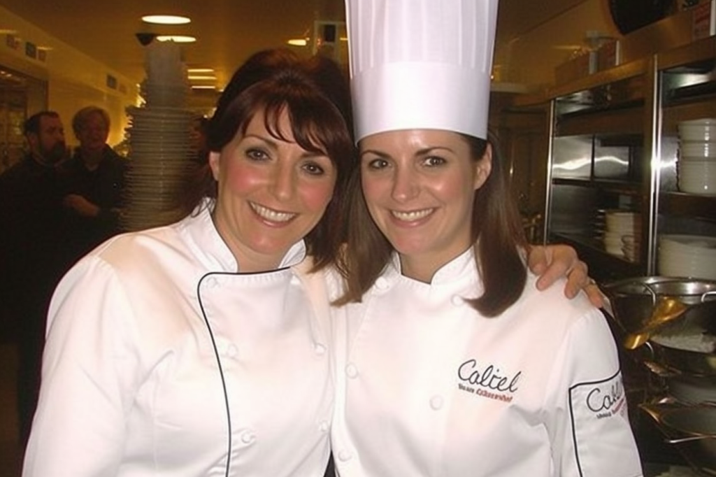 Two women in white kitchen uniforms, one with a high chef's hat and a "Caliel" logo on her shirt. The one on our left has her arm around the other's shoulder (the one with the hat and logo), and they are smiling into the camera. There are shiny silver surfaces and piles of dishes in the background.