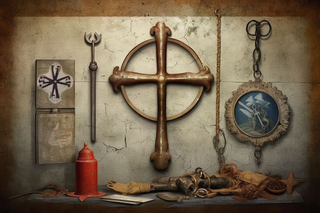 Varieties of the Religious Experience: A variety of vaguely religious-looking symbols and objects hanging from an old wall and sitting on a shelf. Center is a largish cross with a circle (perhaps a Celtic cross), hanging next to a chain with a loop of vine or wool at the end, which is next to a round pendant with perhaps a clock with a painted background. Also on the wall is a piece of wood with a cross whose four arms are each split into two on the upper half and a fork with two antler-like tines. On the shelf are a squat red candle, and a tangle of cloth and metal objects.