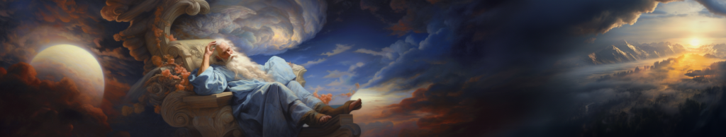 A simple wide Midjourney-generated image of a guy in robes with a long beard, relaxing amidst various clouds and planets and suns and things. 