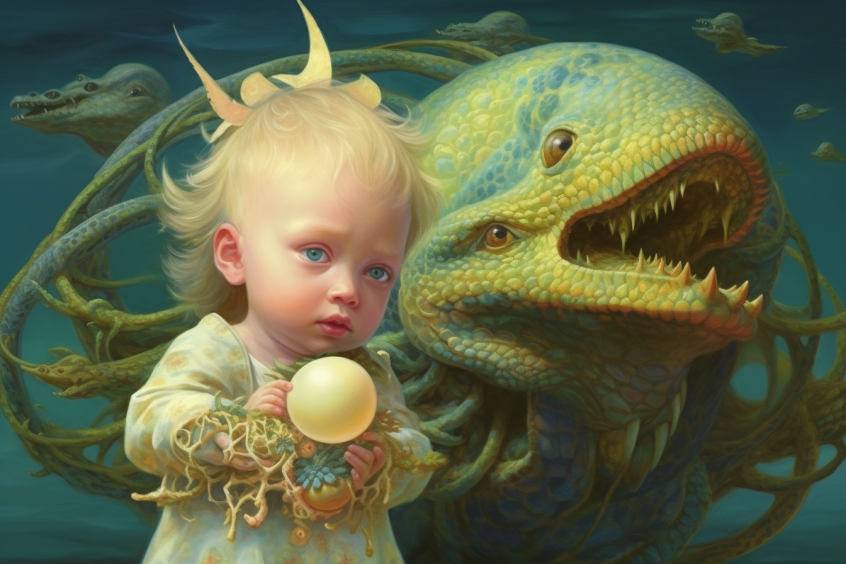 A blond baby standing next to an interesting scaly monster with weirdly-placed eyes and many sharp teeth. The baby is holding an orb and some sea plants or something. The baby has only two hands, and there is no watermark evident.