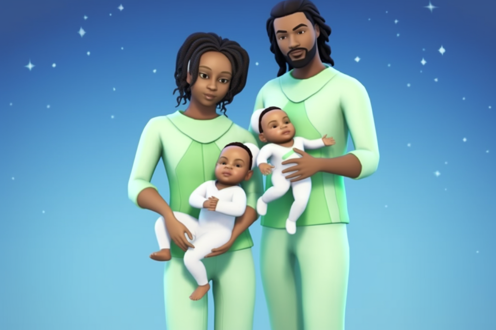 A Sims 4 style couple, each hodling a Sims 4 style baby; the background is a Sims 4 style starry sky.
