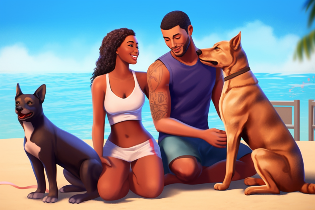 A wholesome Sims 4 style image of a young couple with two happy dogs, perhaps at the beach.