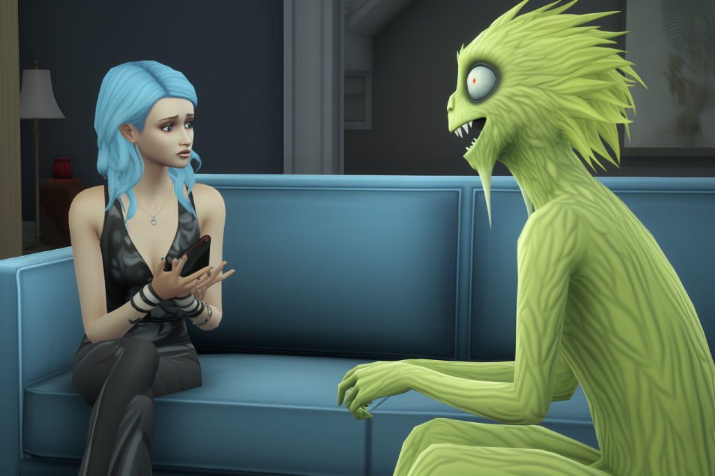 A Sims 4 style woman with blue hair sitting on a sofa talking to a green monster with big eyes and a furry head and chin, and pointy teeth.