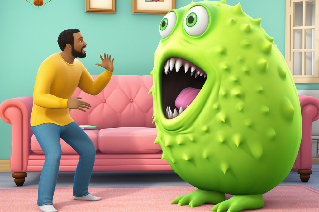 A Sims 4 style man standing in a Sims 4 style living room, talking enthusiastically to an enthusiastic ovoid green monster with big eyes and small spikes all over.