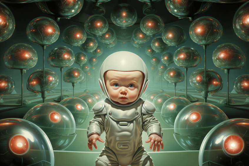 A baby standing up in some kind of futuristic environment suit, looking upward cutely. Behind the baby and stretching off into the distance are many shiny orbs, some with orange-white sparks some also with some kind of filament leading to a clump of something. (Spines and brains?)