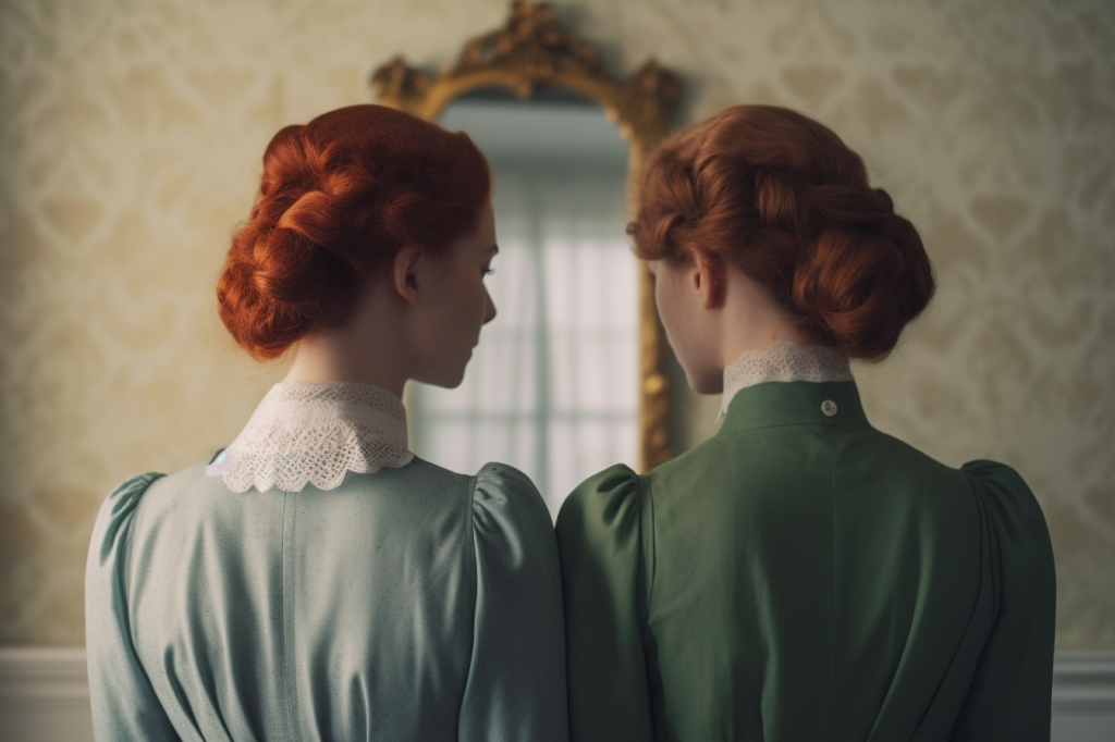 Two red-haired women in archaic dress, facing away from the viewer shoulder, to shoulder, faces turned slightly toward each other. The background, somewhat blurred, is a wallpapered wall with a mirror reflecting a curtained window.