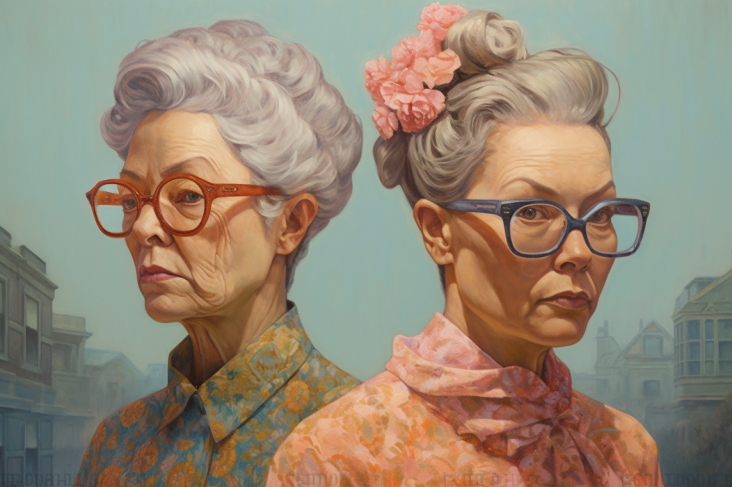 Two grey-haired women in floral dresses (one greener and one pinker) and wearing large eyeglasses, one slightly in front of the other, facing slightly away from each other, but both looking pretty much at the viewer.