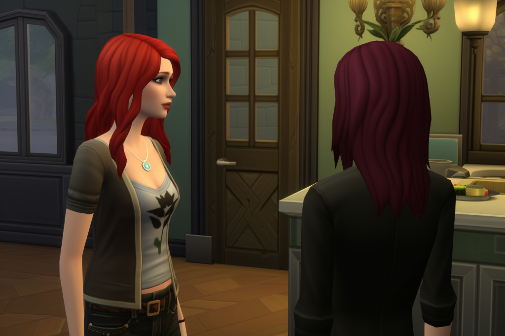 A person with dark red hair facing away from us, toward a woman with brighter red hair who is looking to one side, perhaps slightly upset. They stand in perhaps a kitchen, and the decor and style of the image are entirely that of a Sims game, probably The Sims 4.