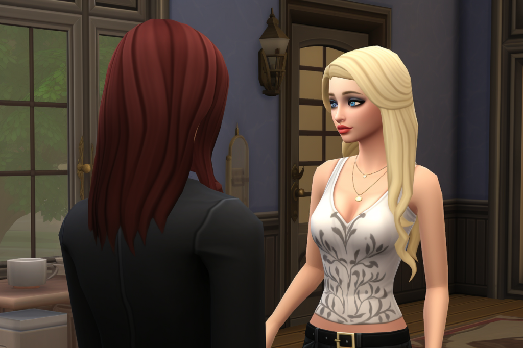A person with dark red hair facing away from us, toward a woman with blonde hair who is looking to one side, perhaps slightly upset. They stand in perhaps a kitchen, and the decor and style of the image are entirely that of a Sims game, probably The Sims 4.
