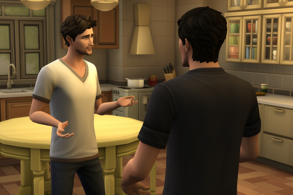 Two Sims 4 style men talking in a Sims 4 style kitchen.