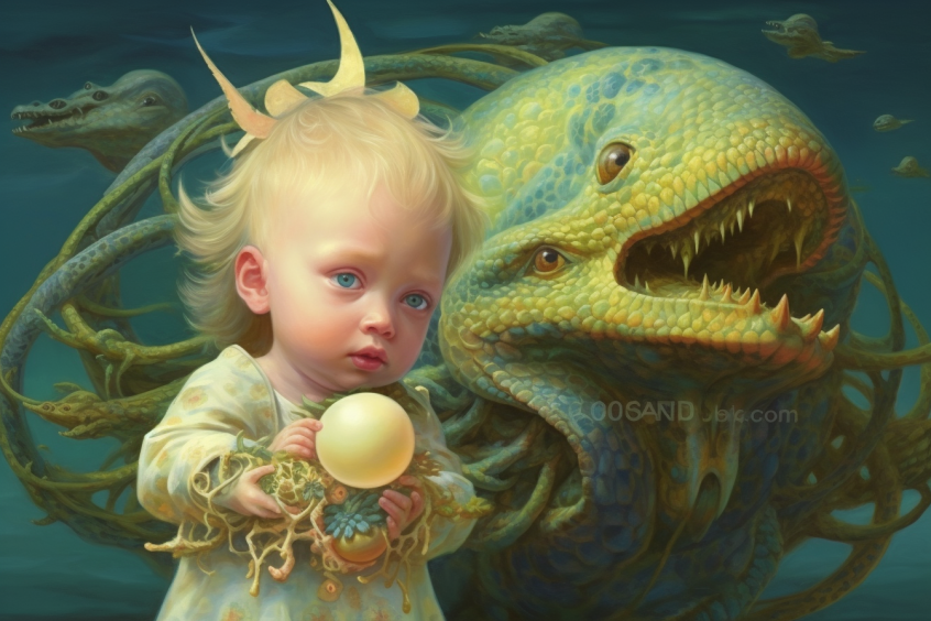 A blond baby standing next to an interesting scaly monster with weirdly-placed eyes and many sharp teeth. The baby is holding an orb and some sea plants or something. The baby seems to be holding the things with three different hands, and there is a vague watermark saying something like "OOSAND jlok.com" neat the center.