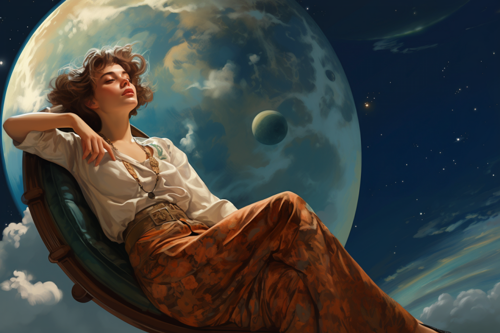 A woman in a comfortable-looking loose blouse and long skirt, lounging at ease on some sort of chaise with a curved wooden frame, floating somewhere in some space, with clouds and planets and/or moons and stars in the background. Lash not shown.
